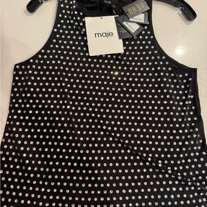 Maje Black Sleeveless Top with Silver Embellishments